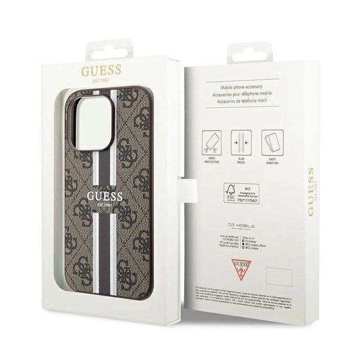 Guess 4G spausdintas Stripes MagSafe dėklas iPhone 15 Pro - rudas