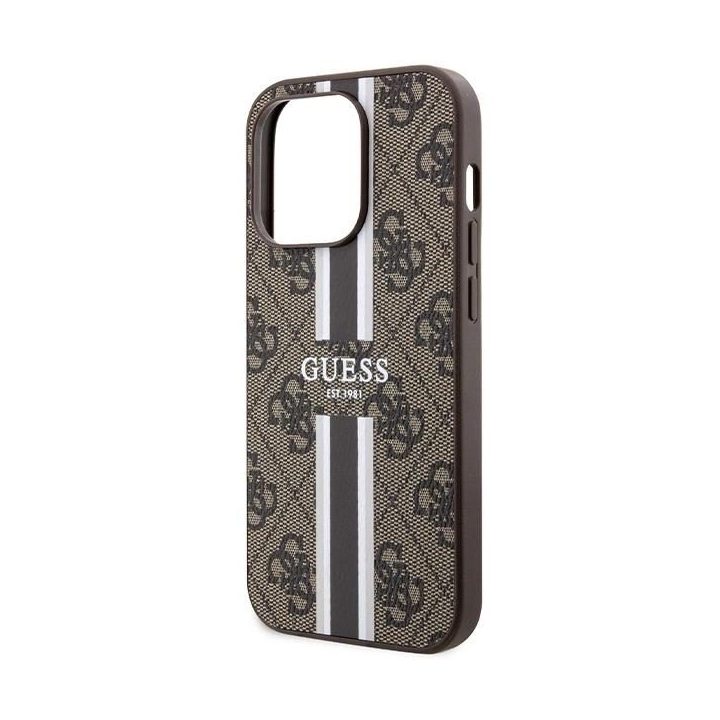 Guess 4G spausdintas Stripes MagSafe dėklas iPhone 15 Pro - rudas