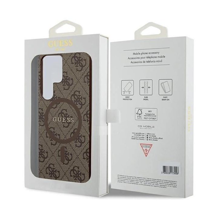 Guess 4G Collection odinis metalinis dėklas su logotipu MagSafe , skirtas Samsung Galaxy S24 Ultra - rudas