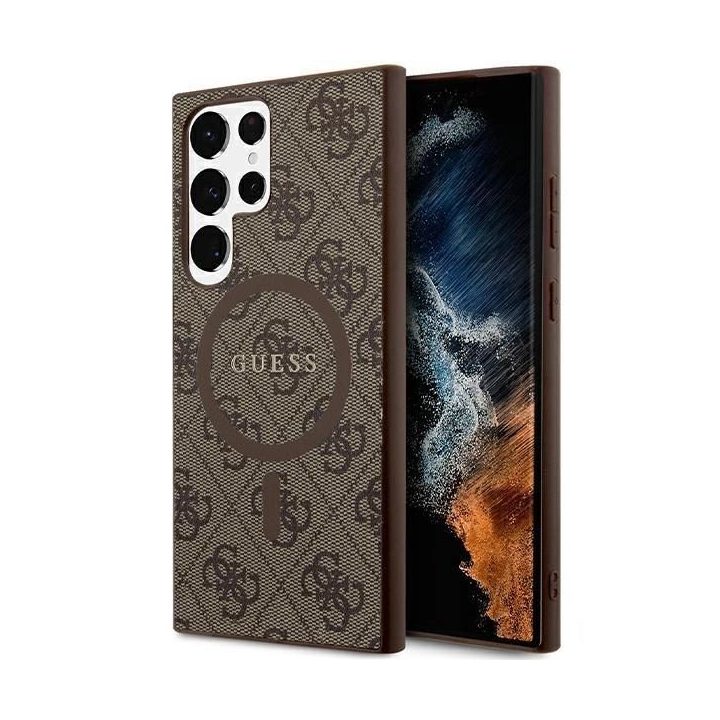 Guess 4G Collection odinis metalinis dėklas su logotipu MagSafe , skirtas Samsung Galaxy S24 Ultra - rudas