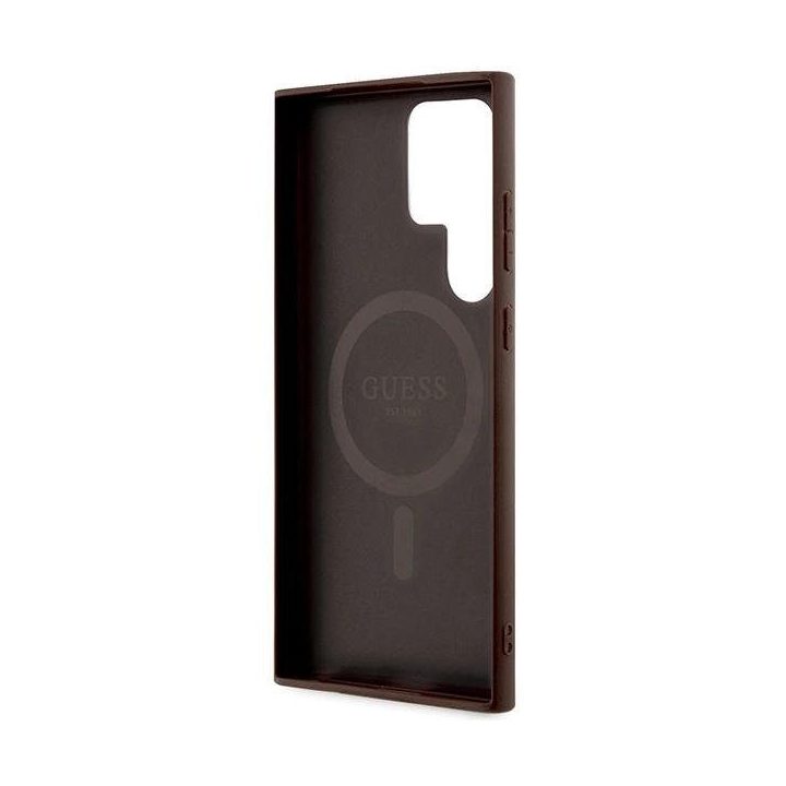 Guess 4G Collection odinis metalinis dėklas su logotipu MagSafe , skirtas Samsung Galaxy S24 Ultra - rudas