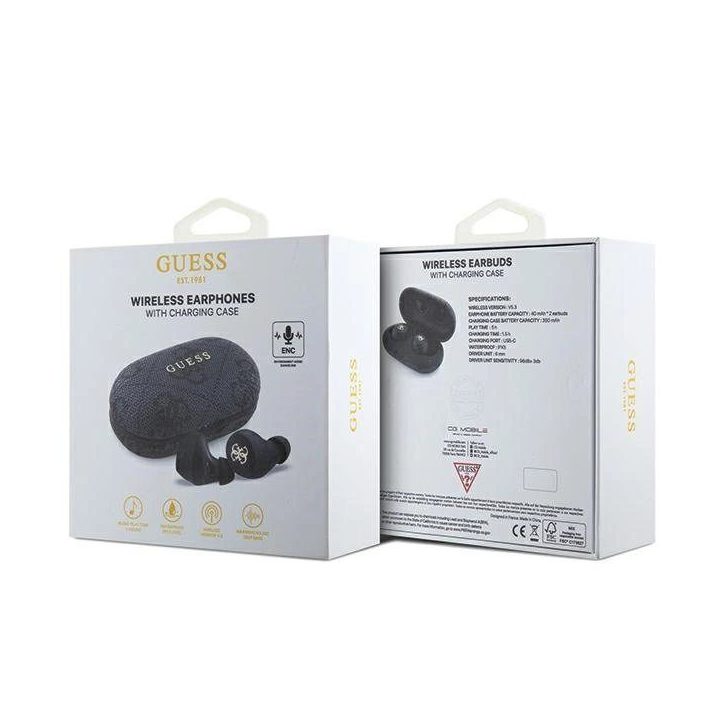 TWS Guess 4G Metalinės Bluetooth ausinės su ENC doko stotimi - juodos spalvos