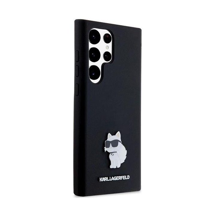 Samsung Galaxy S23 Ultra - juodas Karl Lagerfeld silikoninis metalinio smeigtuko dėklas Choupette , skirtas