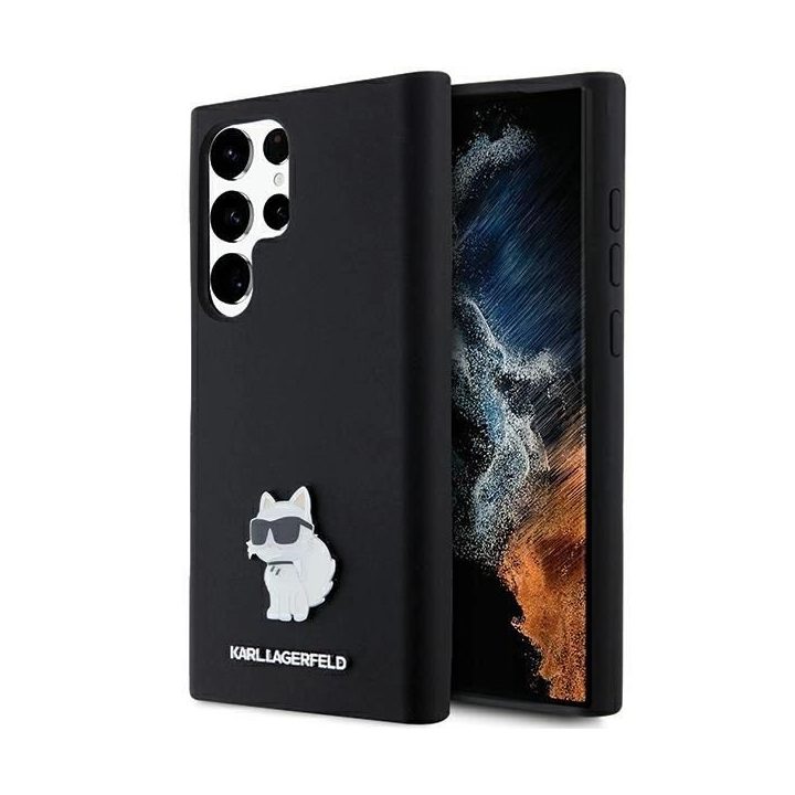 Samsung Galaxy S23 Ultra - juodas Karl Lagerfeld silikoninis metalinio smeigtuko dėklas Choupette , skirtas