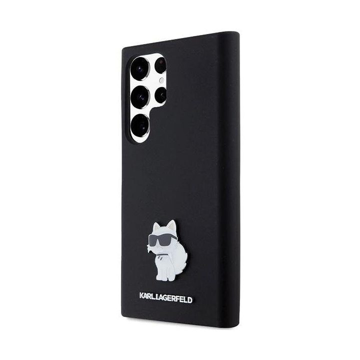 Samsung Galaxy S23 Ultra - juodas Karl Lagerfeld silikoninis metalinio smeigtuko dėklas Choupette , skirtas
