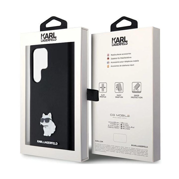 Samsung Galaxy S23 Ultra - juodas Karl Lagerfeld silikoninis metalinio smeigtuko dėklas Choupette , skirtas