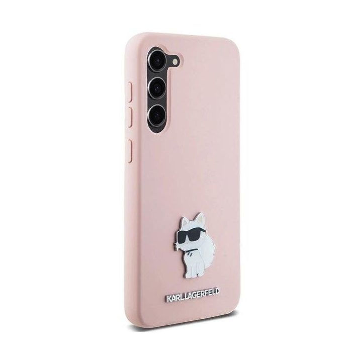 Samsung Galaxy S23+ - rožinis Karl Lagerfeld silikoninis Choupette Metal Pin dėklas