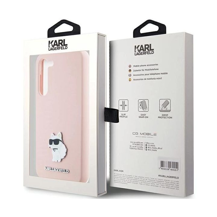 Samsung Galaxy S23+ - rožinis Karl Lagerfeld silikoninis Choupette Metal Pin dėklas