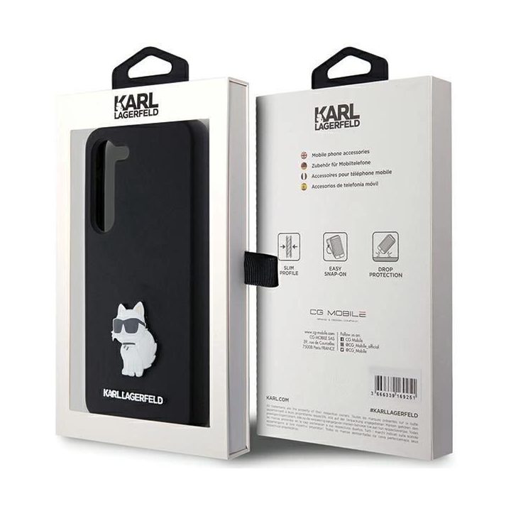 Samsung Galaxy S23 - juodas Karl Lagerfeld silikoninis Choupette Metal Pin dėklas