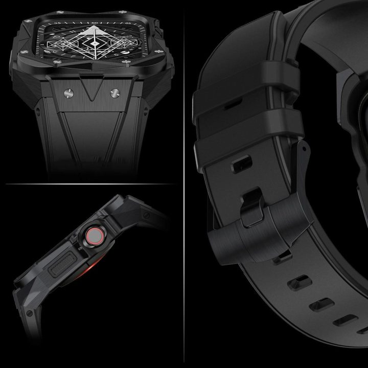 dėklas Apple Watch 9, 8, 7 (45 mm), pagamintas iš nerūdijančio plieno su dirželiu, juodas