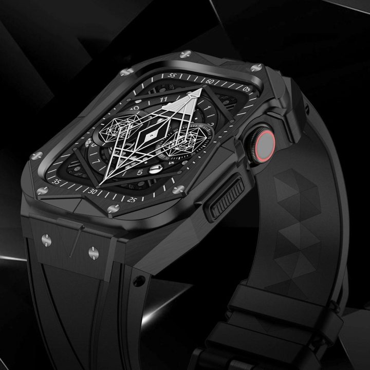 dėklas Apple Watch 9, 8, 7 (45 mm), pagamintas iš nerūdijančio plieno su dirželiu, juodas