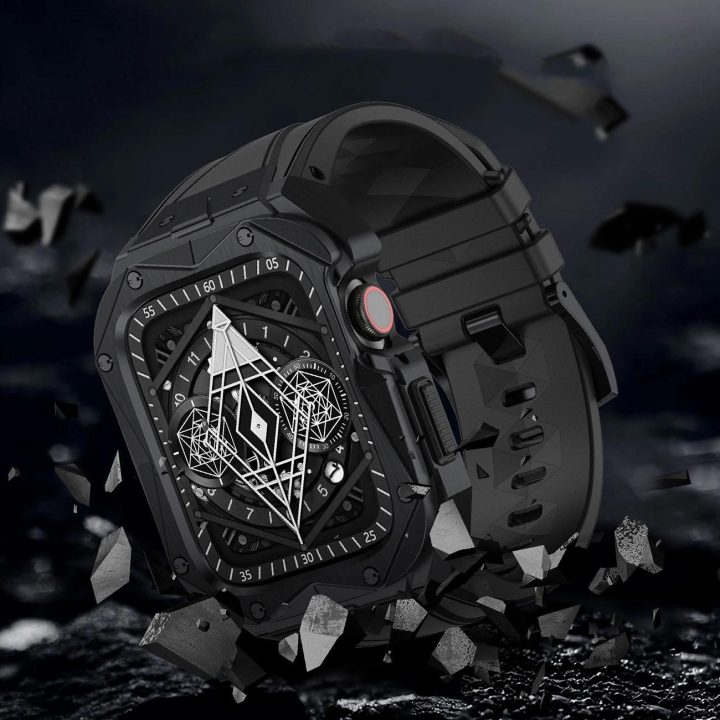 dėklas Apple Watch 9, 8, 7 (45 mm), pagamintas iš nerūdijančio plieno su dirželiu, juodas