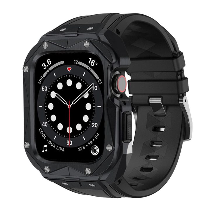 dėklas Apple Watch 9, 8, 7 (45 mm), pagamintas iš nerūdijančio plieno su dirželiu, juodas