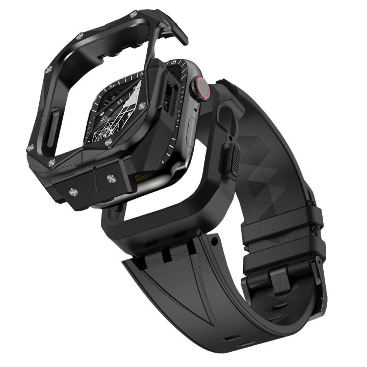 dėklas Apple Watch 9, 8, 7 (45 mm), pagamintas iš nerūdijančio plieno su dirželiu, juodas