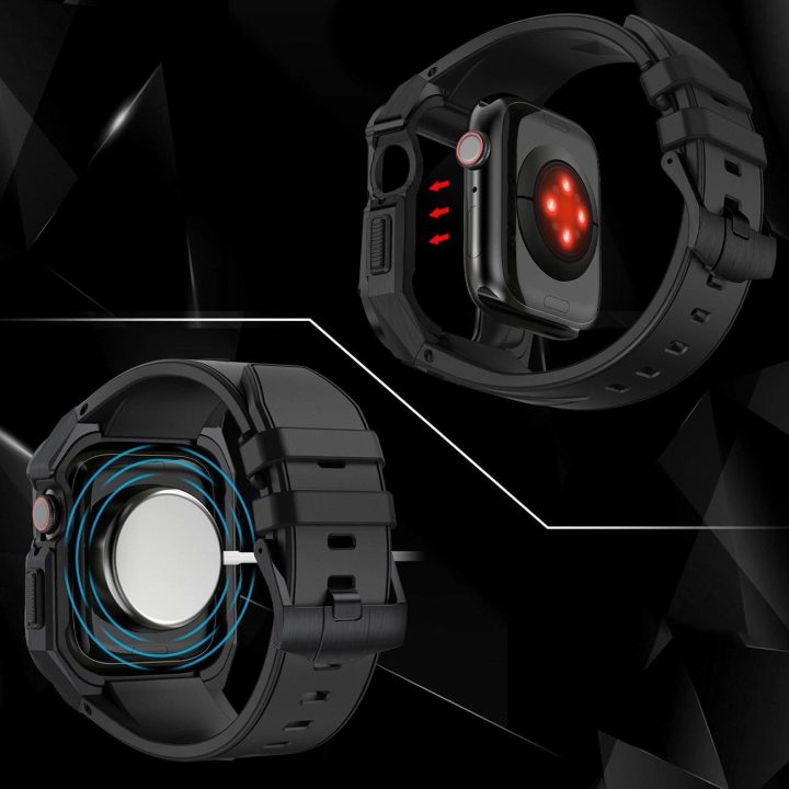 dėklas Apple Watch 9, 8, 7 (45 mm), pagamintas iš nerūdijančio plieno su dirželiu, juodas