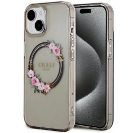 Guess IML Gėlių vainikas MagSafe dėklas iPhone 15 / 14 / 13 - juodas