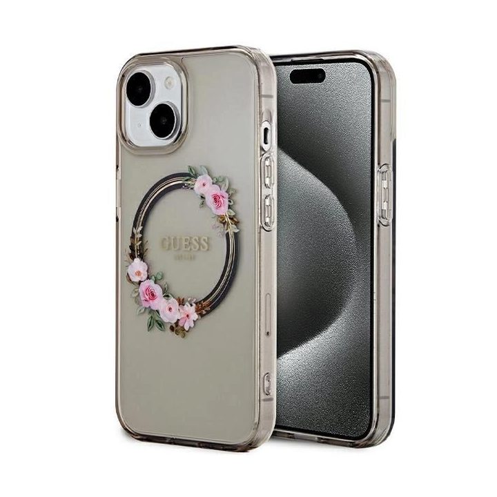 Guess IML Gėlių vainikas MagSafe dėklas iPhone 15 / 14 / 13 - juodas