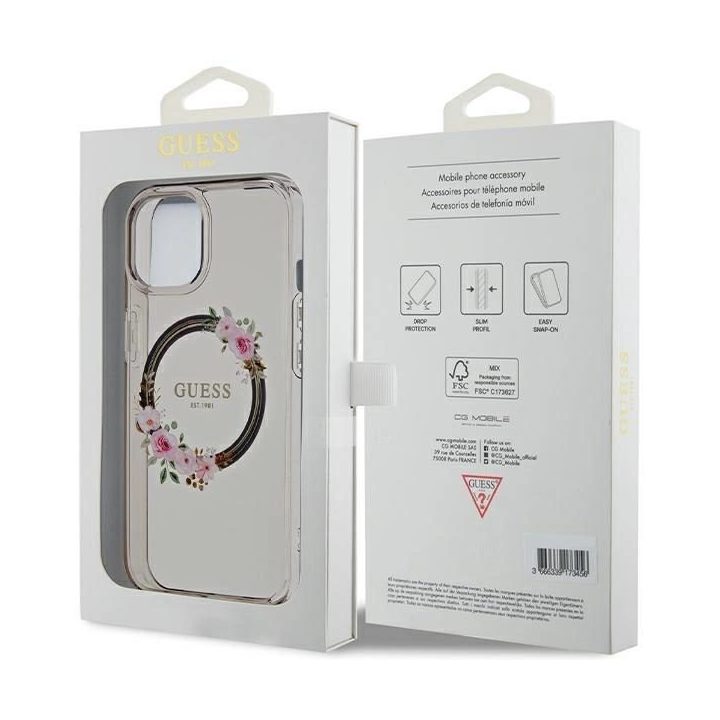 Guess IML Gėlių vainikas MagSafe dėklas iPhone 15 / 14 / 13 - juodas