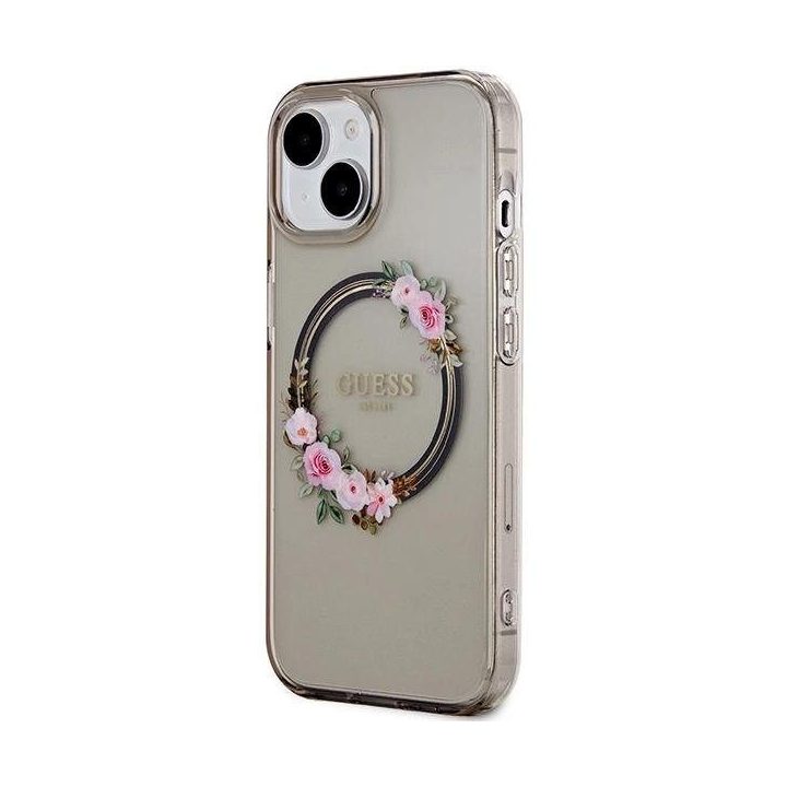 Guess IML Gėlių vainikas MagSafe dėklas iPhone 15 / 14 / 13 - juodas