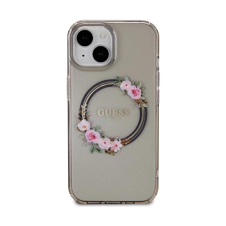 Guess IML Gėlių vainikas MagSafe dėklas iPhone 15 / 14 / 13 - juodas