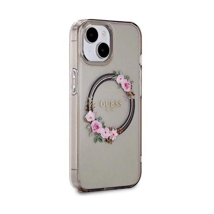 Guess IML Gėlių vainikas MagSafe dėklas iPhone 15 / 14 / 13 - juodas