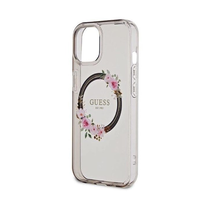 Guess IML Gėlių vainikas MagSafe dėklas iPhone 15 / 14 / 13 - juodas