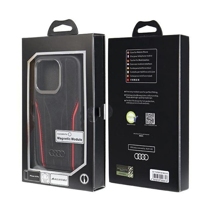 Audi natūralios odos dėklas su MagSafe , skirtas iPhone 14 Pro - juodos ir raudonos spalvos