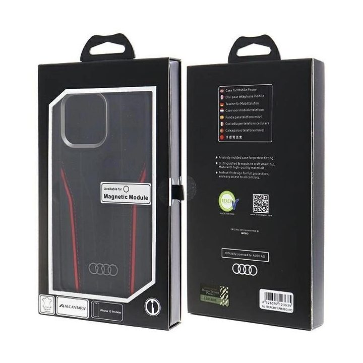 Audi natūralios odos dėklas su MagSafe saugikliu iPhone 15 Pro Max - juodos ir raudonos spalvos