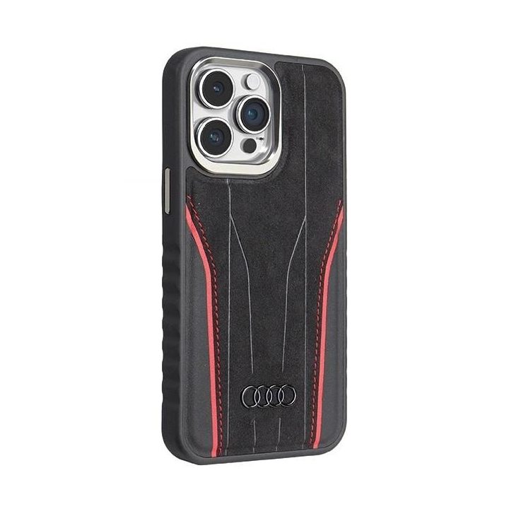 Audi natūralios odos dėklas su MagSafe saugikliu iPhone 15 Pro Max - juodos ir raudonos spalvos
