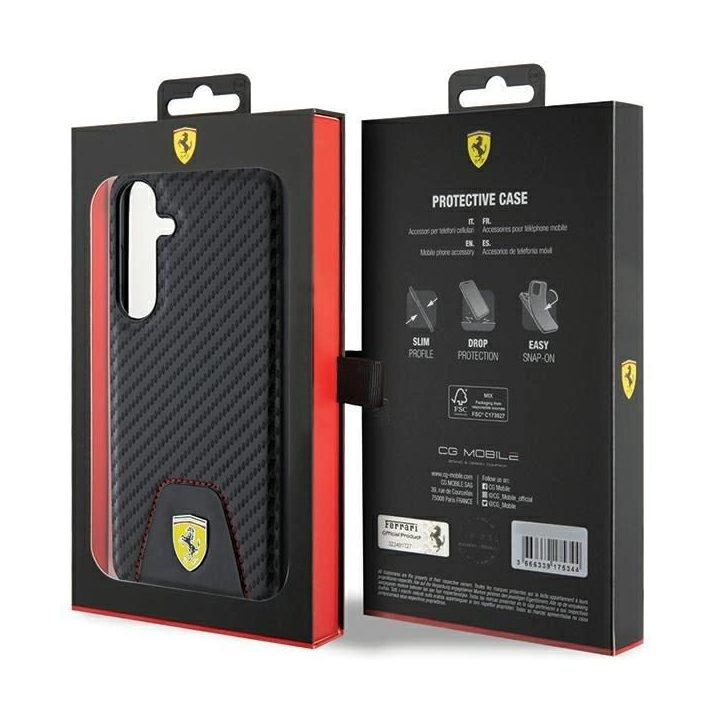 Ferrari Carbon dygsniuotas apatinis dėklas, skirtas Samsung Galaxy S24+ - juodas