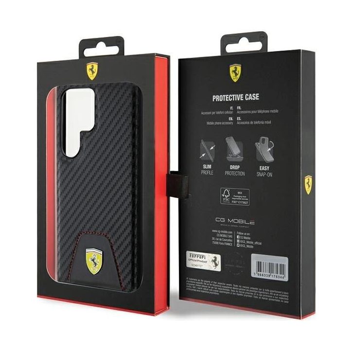 Ferrari Carbon dygsniuotas apatinis dėklas, skirtas Samsung Galaxy S24 Ultra - juodas
