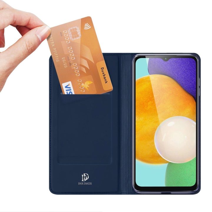 Samsung Galaxy A14 4G / 5G dangtelis su atverčiama kortele, piniginės stovas mėlynas