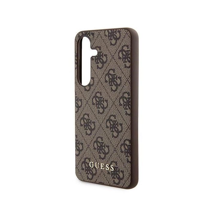 Guess 4G metalinis auksinis dėklas su logotipu, skirtas Samsung Galaxy S24 - rudas