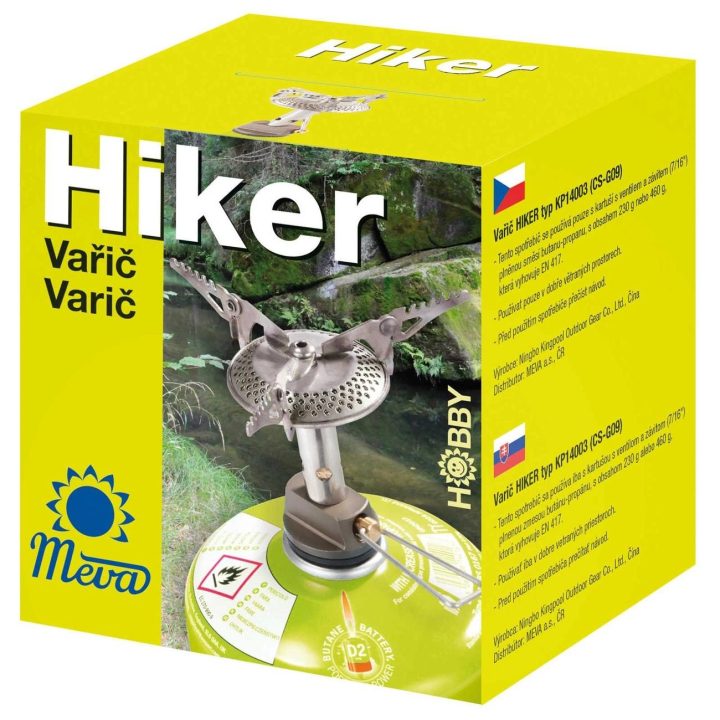 Lengviausia turistinė viryklė dujų kasetėms (vožtuvas arba sriegis) HIKER 70 gramų 2,4 kW