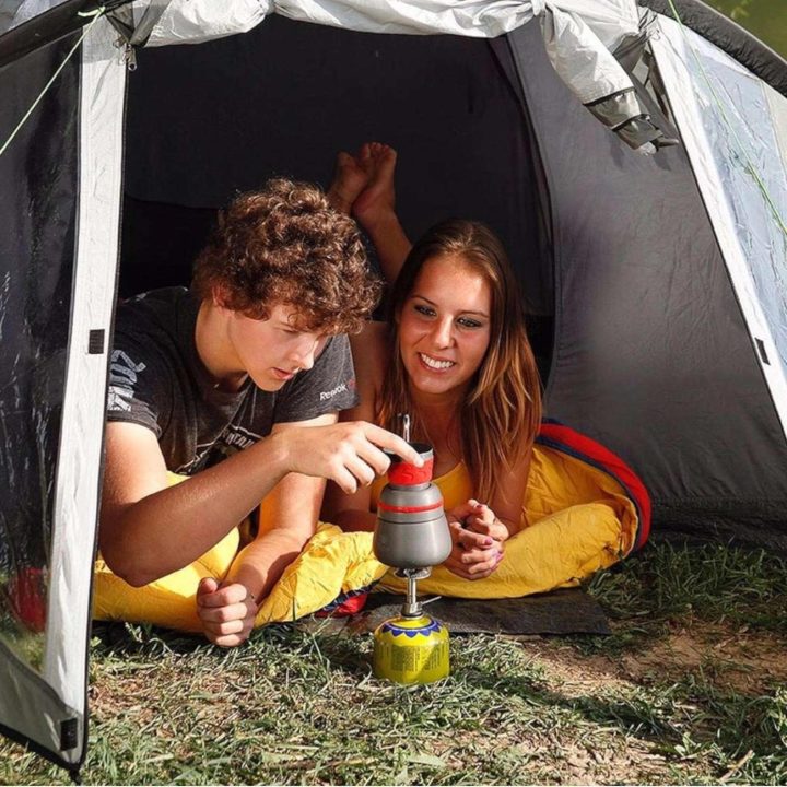 Lengviausia turistinė viryklė dujų kasetėms (vožtuvas arba sriegis) HIKER 70 gramų 2,4 kW