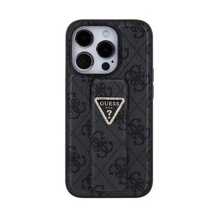 Guess Grip Stand 4G Triangle Strass dėklas iPhone 15 Pro - juodas
