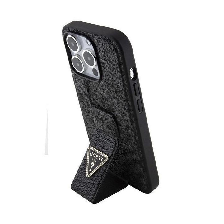 Guess Grip Stand 4G Triangle Strass dėklas iPhone 15 Pro - juodas