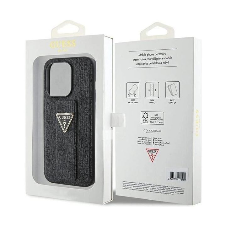 Guess Grip Stand 4G Triangle Strass dėklas iPhone 15 Pro - juodas