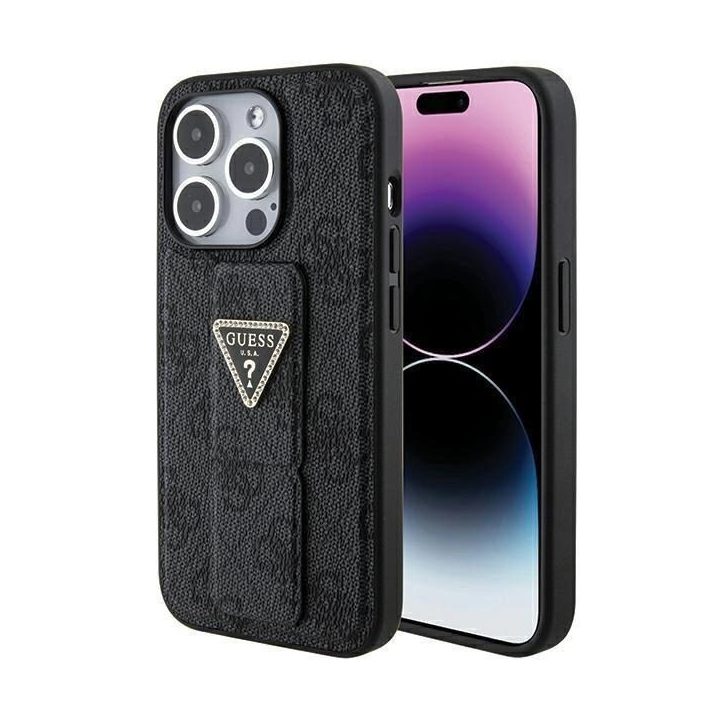 Guess Grip Stand 4G Triangle Strass dėklas iPhone 15 Pro - juodas