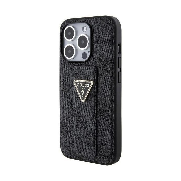 Guess Grip Stand 4G Triangle Strass dėklas iPhone 15 Pro - juodas