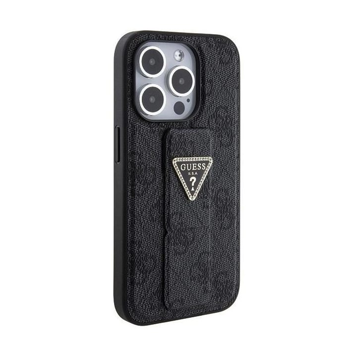 Guess Grip Stand 4G Triangle Strass dėklas iPhone 15 Pro - juodas