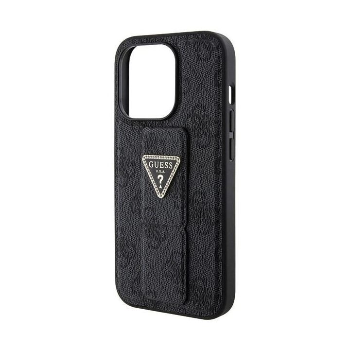 Guess Grip Stand 4G Triangle Strass dėklas iPhone 15 Pro - juodas