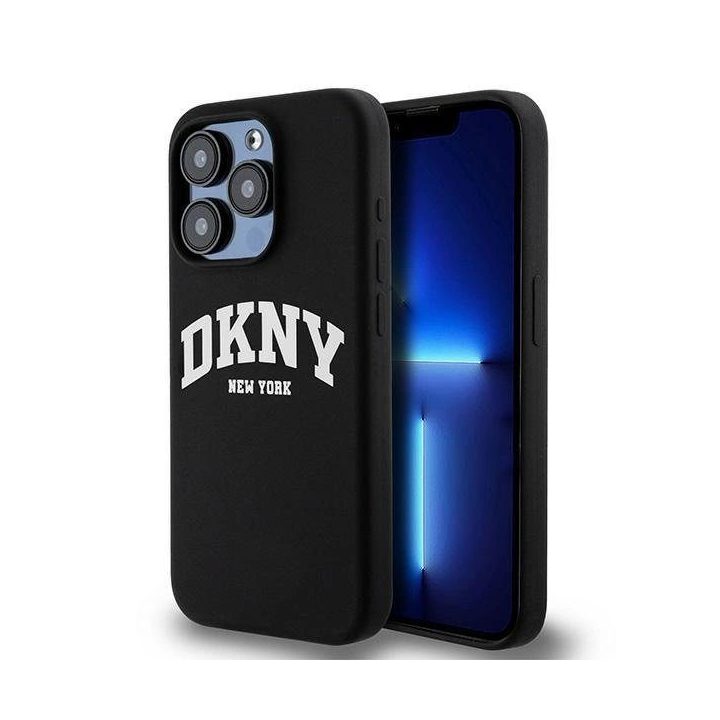 DKNY Liquid Silicone White Printed Logo MagSafe dėklas skirtas iPhone 13 Pro / 13 – juodas