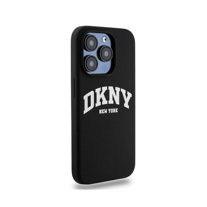 DKNY Liquid Silicone White Printed Logo MagSafe dėklas skirtas iPhone 13 Pro / 13 – juodas
