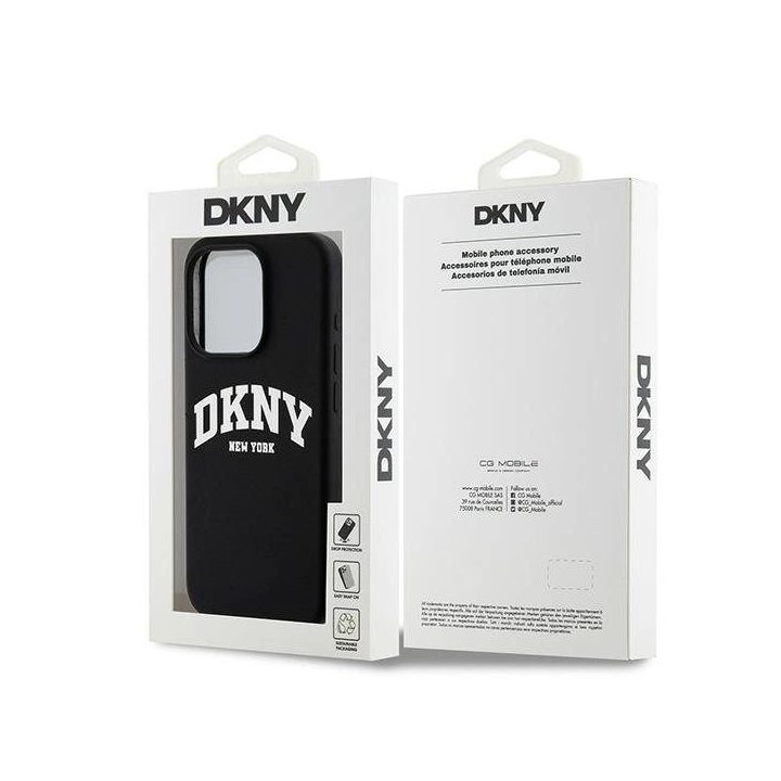 DKNY Liquid Silicone White Printed Logo MagSafe dėklas skirtas iPhone 13 Pro / 13 – juodas