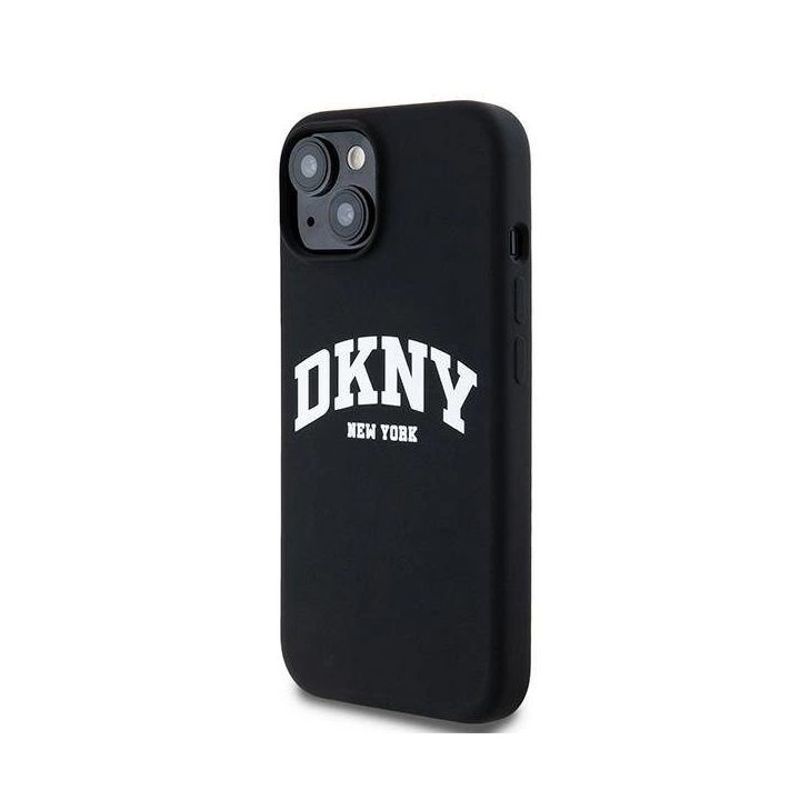 DKNY Liquid Silicone“ juodas su baltu logotipu MagSafe“ dėklas iPhone 14 / 15 / 13“