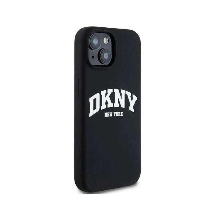 DKNY Liquid Silicone“ juodas su baltu logotipu MagSafe“ dėklas iPhone 14 / 15 / 13“