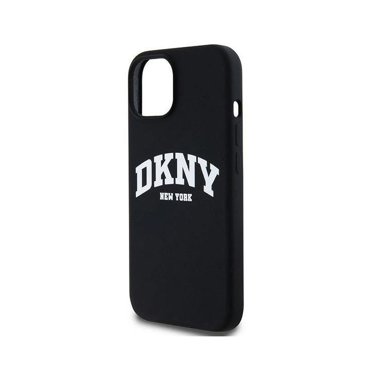 DKNY Liquid Silicone“ juodas su baltu logotipu MagSafe“ dėklas iPhone 14 / 15 / 13“