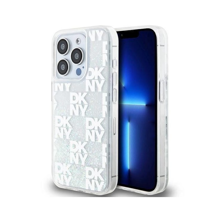 DKNY Liquid Glitter Multilogo dėklas iPhone 15 Pro – baltos spalvos