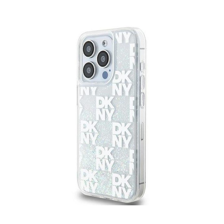 DKNY Liquid Glitter Multilogo dėklas iPhone 15 Pro – baltos spalvos